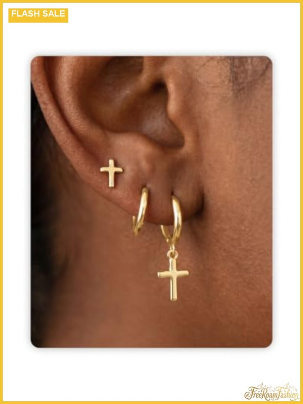 3 Pairs Gold Plated Cross Flower Earrings Stack Set for Women - Studs & Huggie